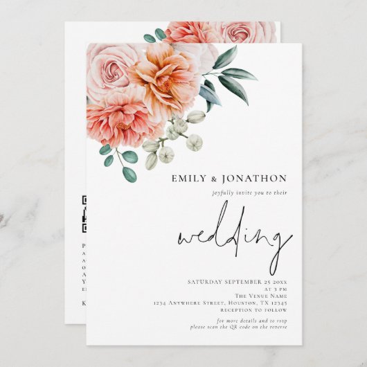 Elegant Peach Florals QR Code Weddenschap Kaart (Voorkant / Achterkant)