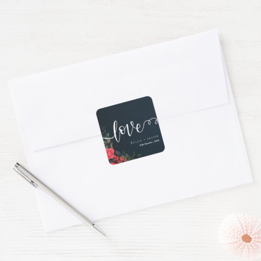 Elegant Peach Grey Floral Script Love Weddenschap Vierkante Sticker (Envelop)