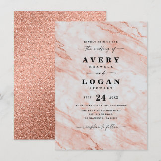 Elegant Peach Oranje Marmer & Glitter Wedding Kaart