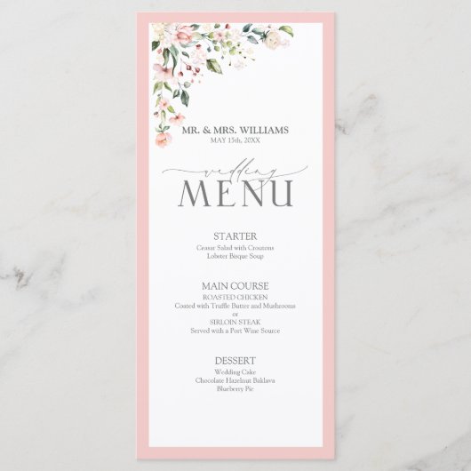 Elegant Peach roze Waterverf Floral Wedding Menu (Voorkant)