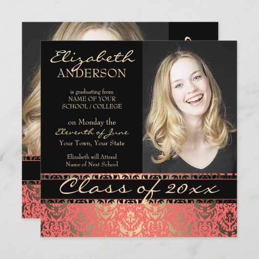 Elegant Peach Shimmer Damask Afstuderen Aankondiging (Voorkant / Achterkant)