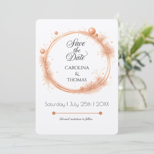Elegant Peach Sparkle Wedding Script Calligraphy Save The Date (Staand voorkant)