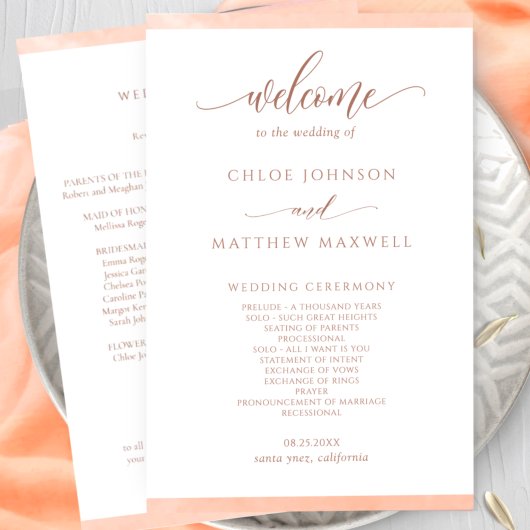 Elégant Peach Watercolor Programme de mariage cadr