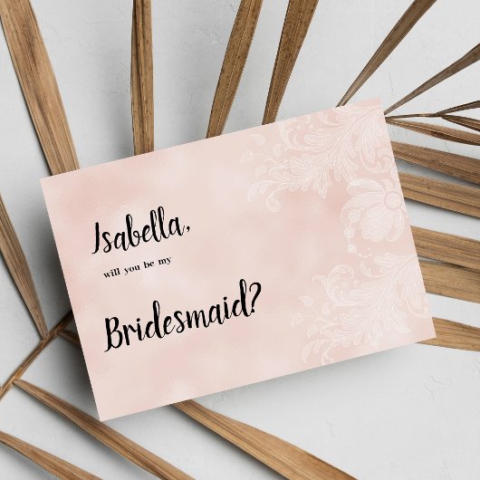 Elegant peach white flower lace frame Bridesmaid Kaart