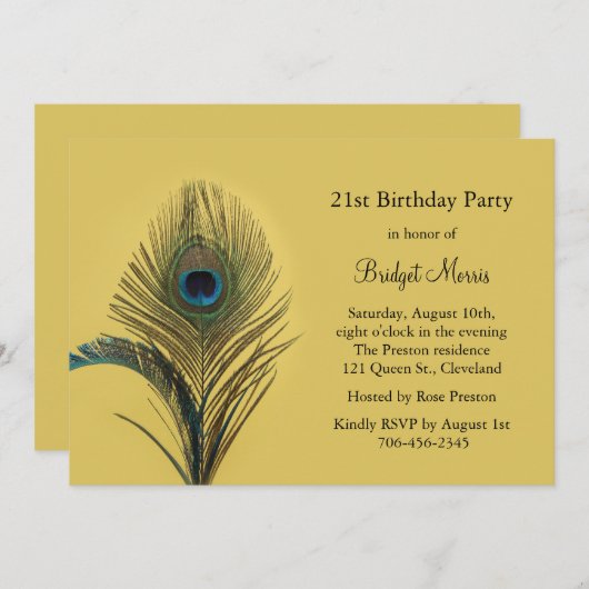 Elegant Peacock 21st Birthday Invitation Kaart (Voorkant / Achterkant)