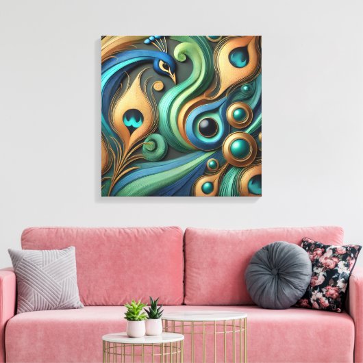 Elegant Peacock and Feathers Canvas Art (Insitu (Woonkamer))