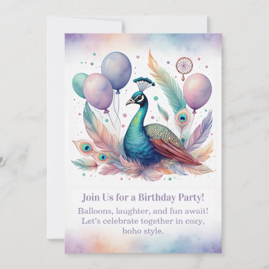 Elegant Peacock Birthday Invitation Boho Kaart (Voorkant)