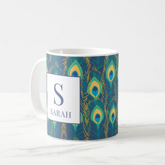 Elegant Peacock Feather Monogram Custom Name Mug (Devant gauche)