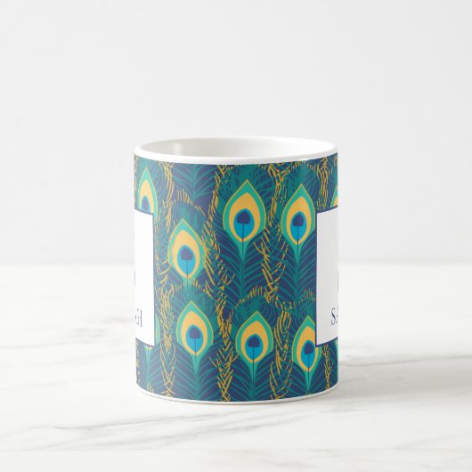 Elegant Peacock Feather Monogram Custom Name Mug (Centre)