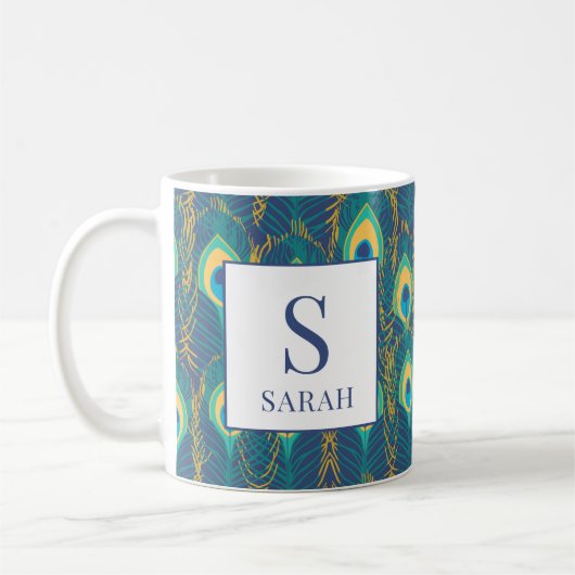 Elegant Peacock Feather Monogram Custom Name Mug (Gauche)
