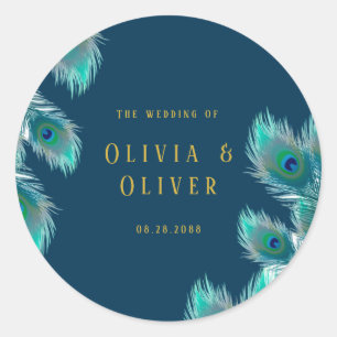Elegant Peacock Feathers and Gold Wedding Ronde Sticker
