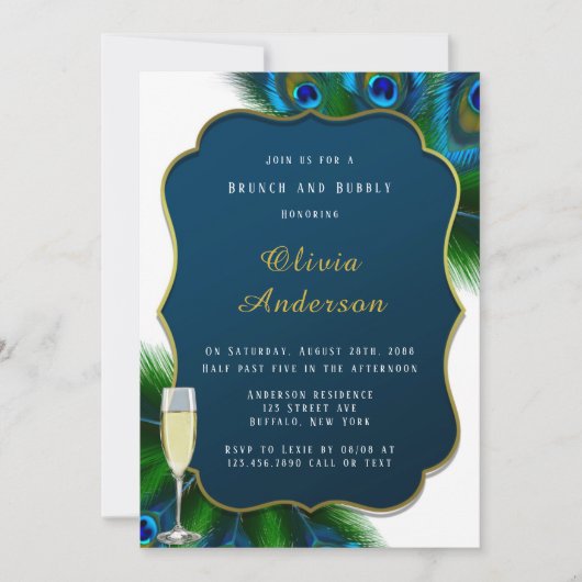 Elegant Peacock Feathers Gold Brunch & Bubble Kaart (Voorkant)