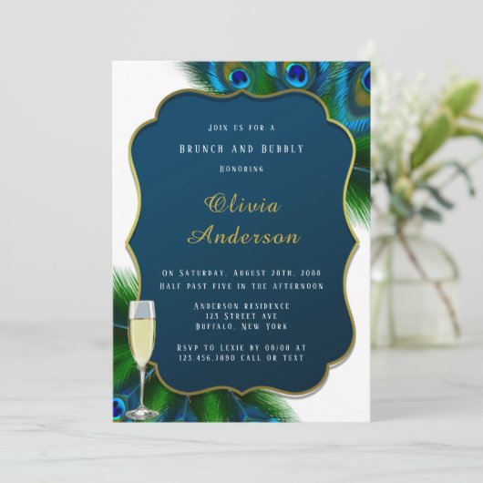 Elegant Peacock Feathers Gold Brunch & Bubble Kaart (Staand voorkant)