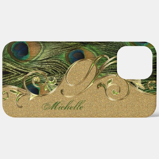 Elegant Peacock Feathers Golden Monogram Case-Mate iPhone Case (Achterkant / Rechts)
