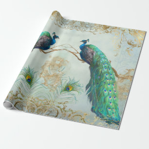 Elegant Peacock Feathers Pair Blue Gold Decoupage Cadeaupapier