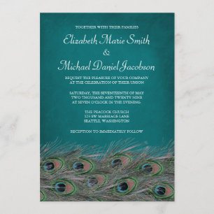 Elegant Peacock Feathers Wedding Invitation Kaart