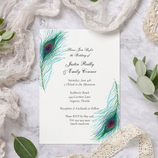 Elegant Peacock Feathers Wedding Kaart