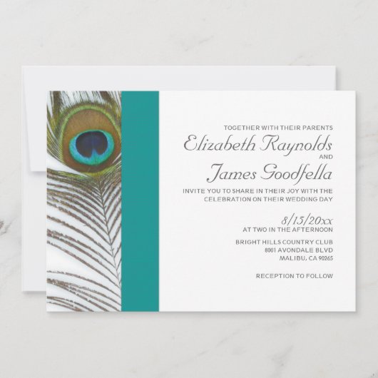 Elegant Peacock-feether Wedding Invitations Kaart (Voorkant)