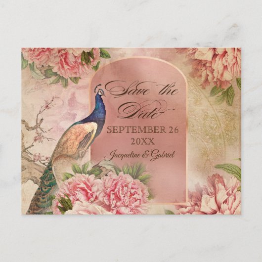 Elegant  Peacock Floral roze sparen de Datum Aankondigingskaart (Voorkant)