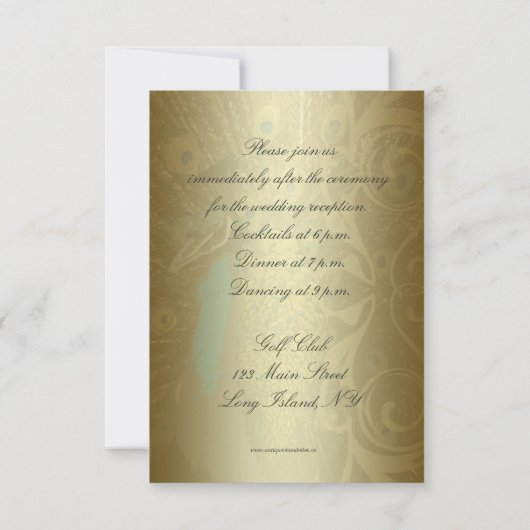 Elegant Peacock Gold Reception Kaart (Achterkant)