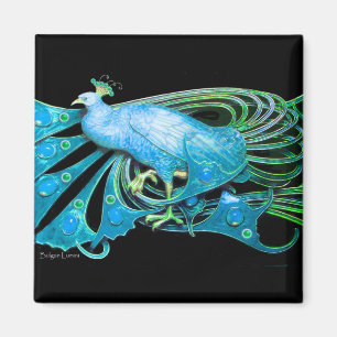 ELEGANT PEACOCK IN AQUA BLAUW BLAUWGROEN GROEN, ZW MAGNEET