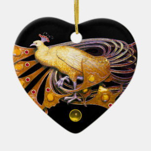 ELEGANT PEACOCK IN GEEL TOPAZ HEART KERAMISCH ORNAMENT