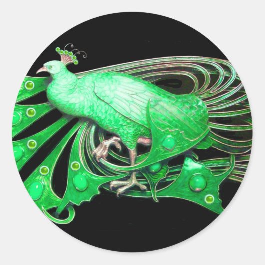 ELEGANT PEACOCK IN GROEN, ZWART RONDE STICKER (Voorkant)