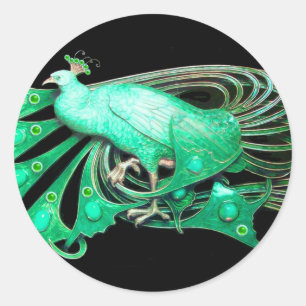 ELEGANT PEACOCK IN GROEN, ZWART RONDE STICKER