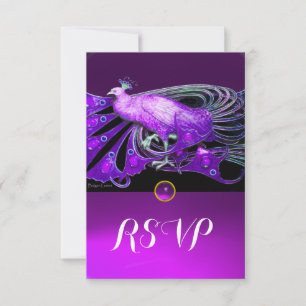 ELEGANT PEACOCK IN PAARSE, ZWARTE WEDDING RSVP KAARTJE
