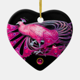 ELEGANT PEACOCK IN PINK FUCHSIA AMETHYST HEART KERAMISCH ORNAMENT