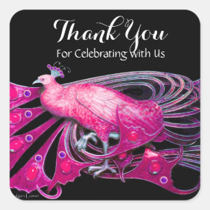 ELEGANT PEACOCK IN PINK, FUCHSIA, ZWART Dank u Vierkante Sticker