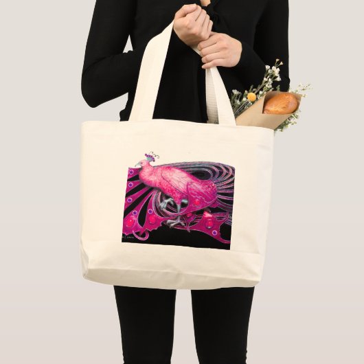 ELEGANT PEACOCK IN PINK, FUCHSIA, ZWART GROTE TOTE BAG (Voorkant (product))