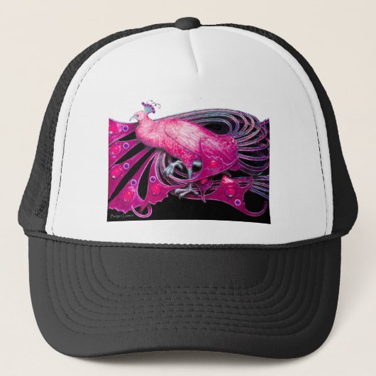 ELEGANT PEACOCK IN PINK, FUCHSIA, ZWART TRUCKER PET (Voorkant)