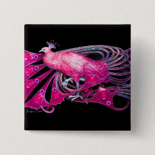 ELEGANT PEACOCK IN PINK, FUCHSIA, ZWART VIERKANTE BUTTON 5,1 CM