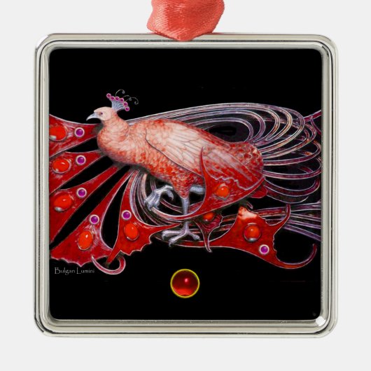 ELEGANT PEACOCK IN RED RUBY METALEN ORNAMENT (Voorkant)