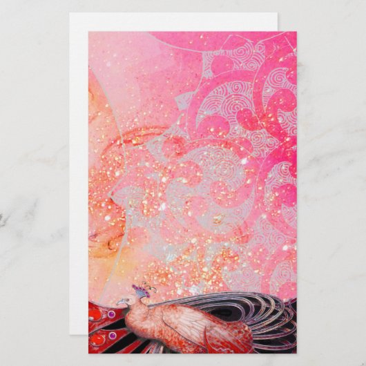ELEGANT PEACOCK IN RED SPARKLING PINK FUCHSIA BRIEFPAPIER (Voorkant / Achterkant)