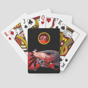 ELEGANT PEACOCK IN RODE RUBY MONOGRAM POKERKAARTEN