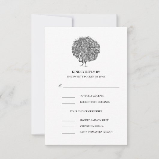Elegant  Peacock Meal Choice Wedding RSVP (Voorkant)