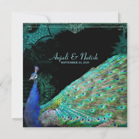 Elegant Peacock met scrollers Indische bruiloft Kaart (Achterkant)