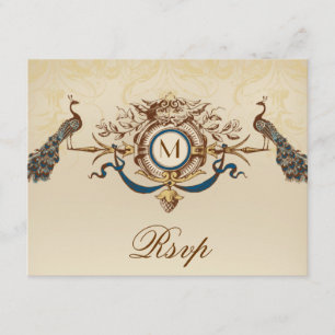 Elegant Peacock Monogram Vintage Wedding RSVP Card