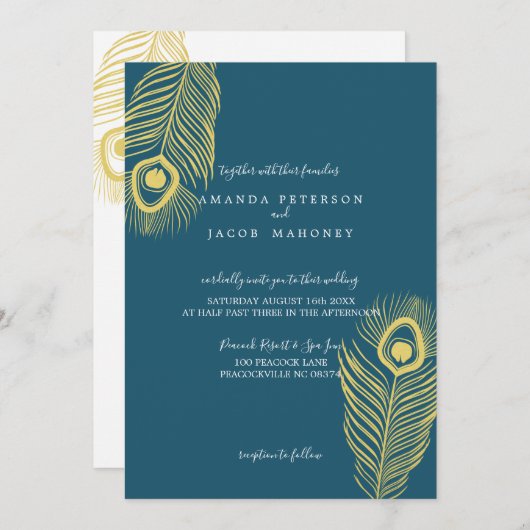 Elégant Peacock Or Invitations de mariage (Devant / Derrière)