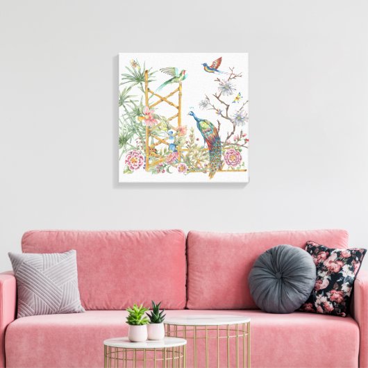 Elegant Peacock Oriental Flower Garden Chinoiserie Canvas Afdruk (Insitu (Woonkamer))