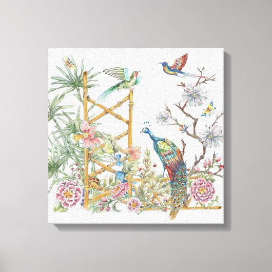 Elegant Peacock Oriental Flower Garden Chinoiserie Canvas Afdruk (Voorkant)