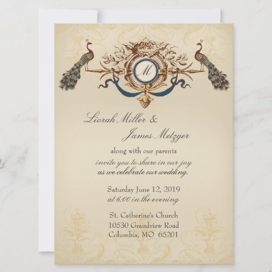 Elegant Peacock Wedding Invitation Kaart (Voorkant)