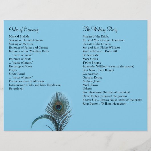 Elegant Peacock Wedding Programme (turquoise) (Achterkant)