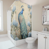 Elegant Peacock with Blue Hydrangeas Oil Painting Douchegordijn (In situ)