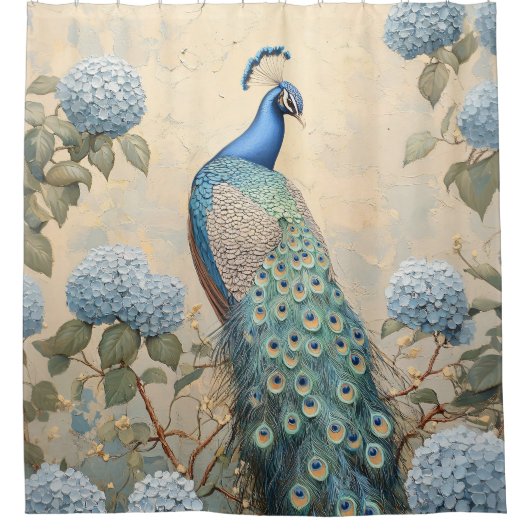 Elegant Peacock with Blue Hydrangeas Oil Painting Douchegordijn (Voorkant)
