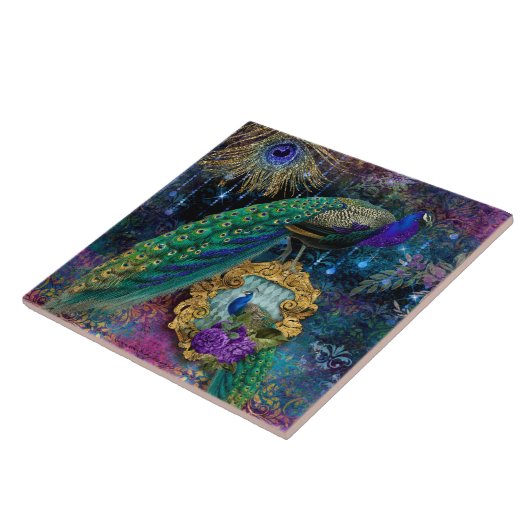 Elegant Peacocks w Feathers Gold Glitter  C Tegeltje (Zijkant)