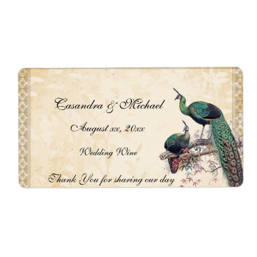 Elegant Peacocks Wedding Wine Label (Voorkant)