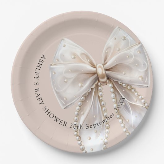 Elegant Pearl Bow Baby shower Papieren Bordje (Voorkant)